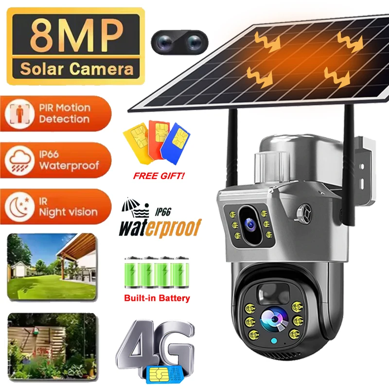 4G 8MP Solar CCTV Dual Lens Outdoor Surveillance Camera PIR Human Detection Waterproof V380 Pro Webcam Built-in Battery Monitor