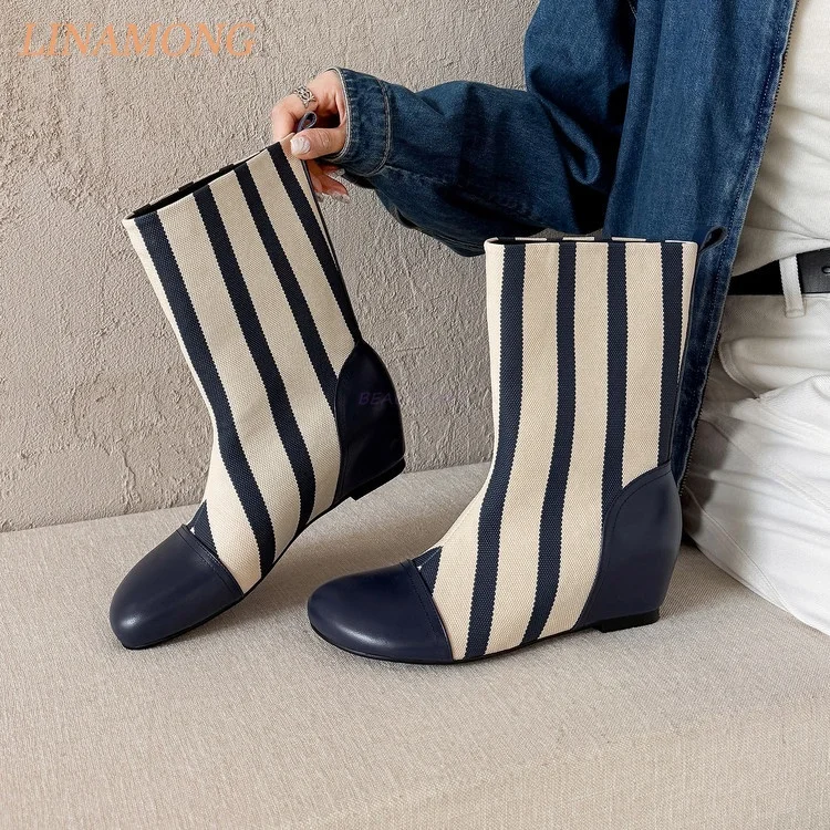 Female Vertical Stripe Mid Calf Boots Mixed Canvas Leather Upper Hidden Wedge Heel Minimalist Retro Daily Wear Fashion Footwear