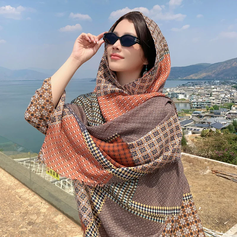 

Этнический художественный шарф из хлопка и льна для женщин, подходит для всех сезонов, путешествий и отдыха, пляжная накидка, легкий и удобный.