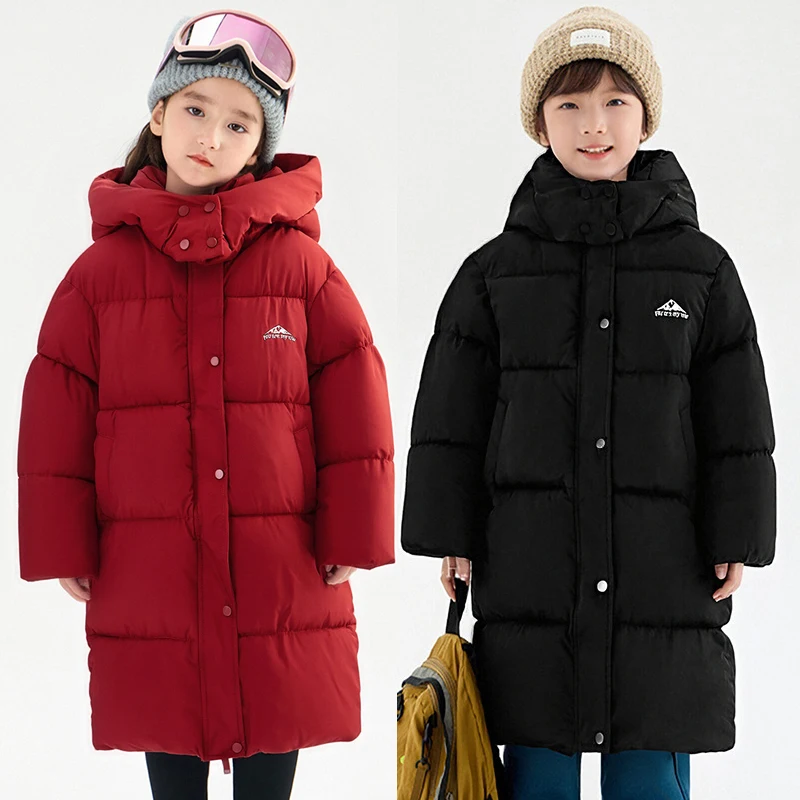 -30 ℃   Teen Mädchen Jacke Winter Neue Lange Stil Einfarbig Dicke Warme Mit Kapuze Zipper Trenchcoat Für 6-14Y Jungen Baumwolle unten Parka