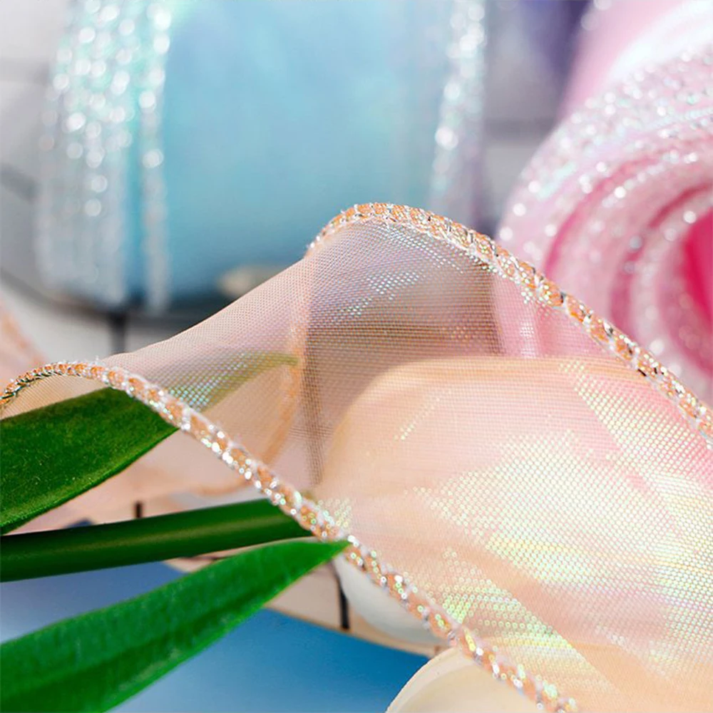 5Yards 4cm Fishtail Organza Ribbon Reflective Iridescent Wavy Edge Ribbon for Gift Wrapping DIY Bow Bouquet Wedding Voile Ribbon