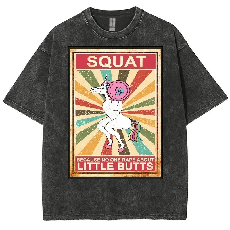Abstract T-Shirt Sunshine Rainbow Little White Horse Letter Printing Round Neck Retro Old Washed Denim New Short Sleeves
