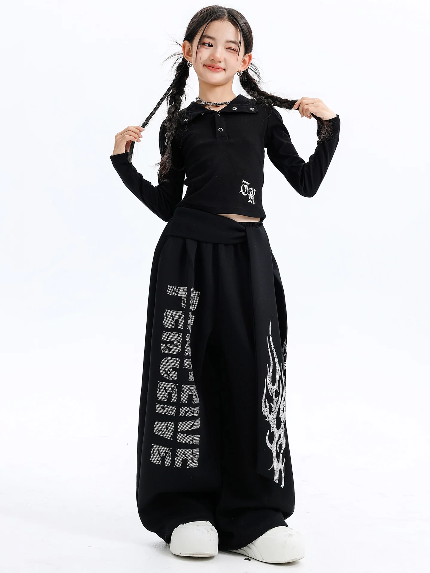 2025 中国風ジャズダンスパフォーマンス衣装女の子のための黒パーカートップスルーズパンツストリートヒップホップ服 DQS20722