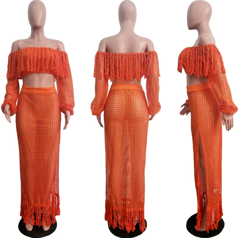 Fringed Tassel Summer Beach Dress Women Sexy Off Shoulder Maxi Dress Long Sleeve Boho Knit Crochet Hollow Out Party Long Dress