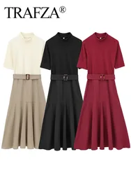 TRAFZA 2024 Female Casual Slim Long Dresses Solid O-Neck Half Sleeves Belt Decoration Winter Long Dresses Woman Elegant Trends