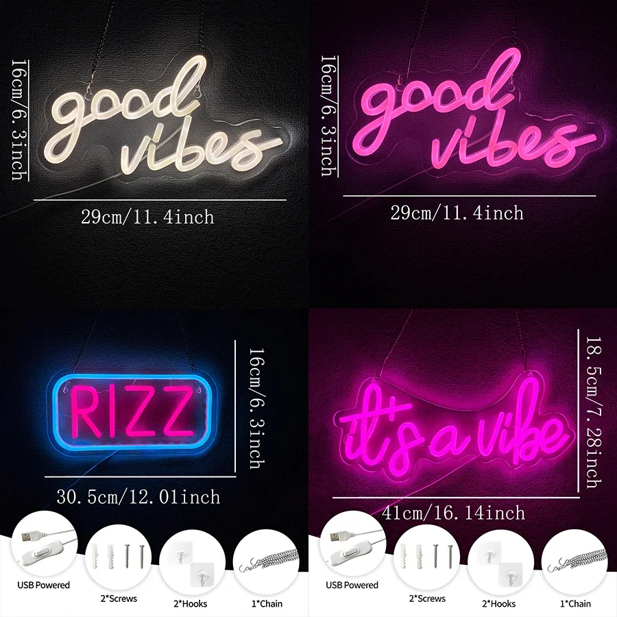 Rizz Neon Sign,Good Vibes Led Neon Lights Sign for Man Cave,gameroom,bedroom,Dressing Room,Bar Decor,Home Party Decoration