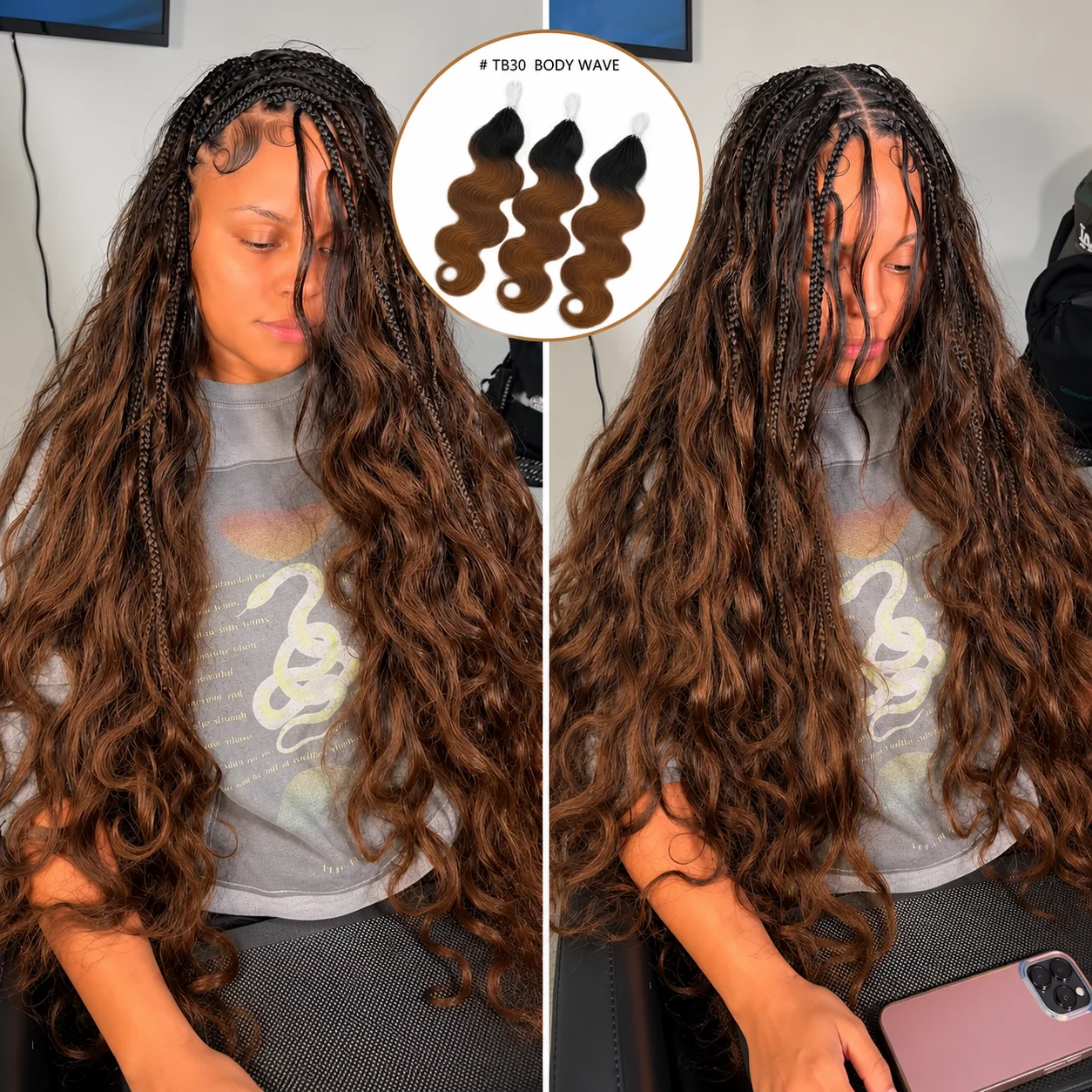 TB30 T1B/30 Ombre Highlight Body Wave  Crochet Human Hair Miracle Knots Feather Extensions Invisible Knotless Pre Separated Boho Braiding Hair Natural Texture Soft Bouncy For Women