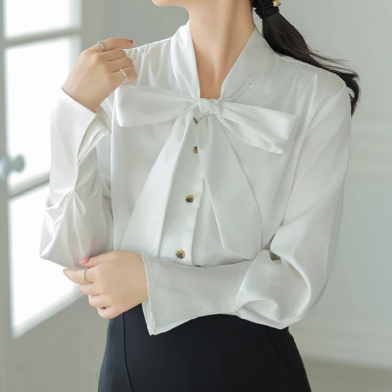 Females Blusas Mujer Fashion Chiffon Blouses for Women Clothing Solid Elegant Sweet Tops Flare Sleeves V-Neck Bow Dropshipping