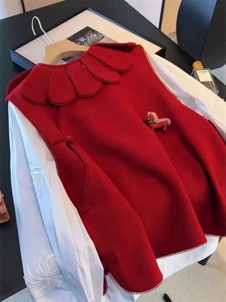 

Laziness Style Red Vest White Shirt Set Korean System Early Winter New Arrival Fashionable Women's Suit High Waist Loose Fit