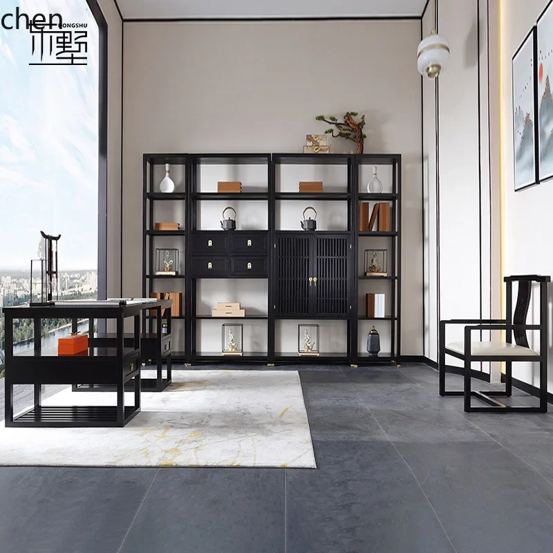 Modern New Chinese Style Solid Wood Office Calligraphy Desk Zen Desk Chair Bookcase Furniture Set