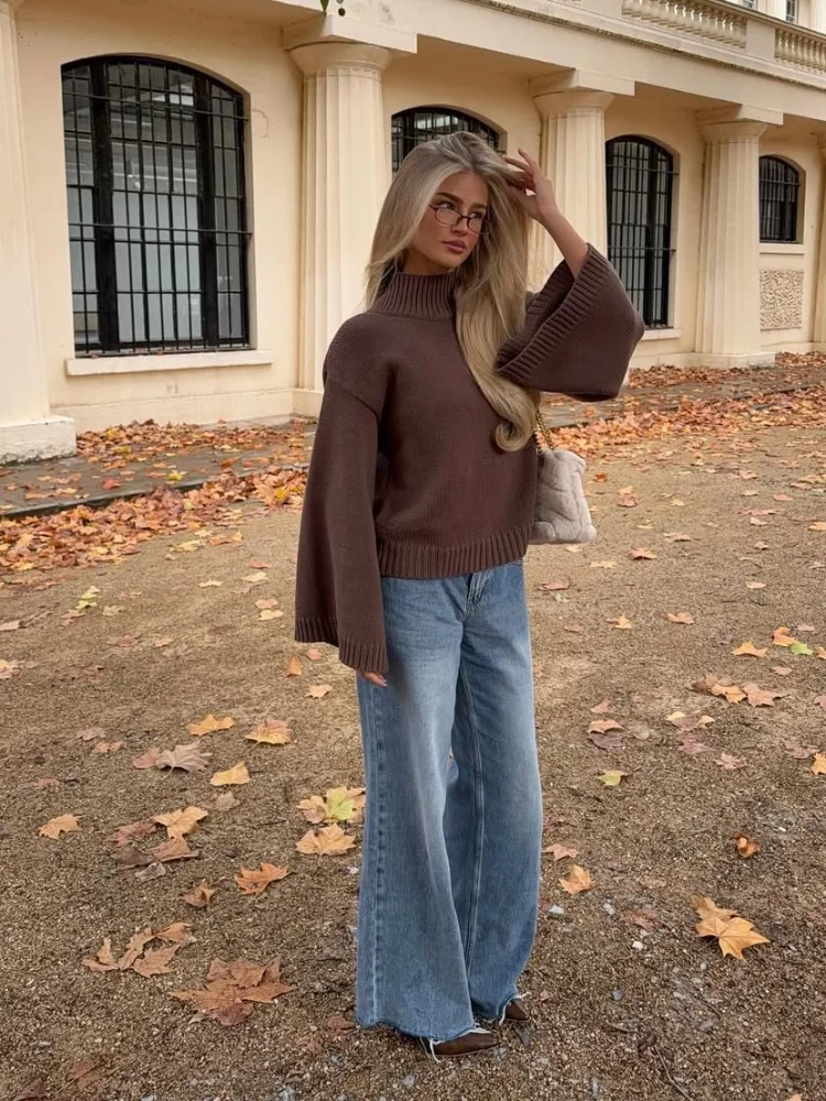 

Классический женский вязаный пуловер с высоким воротником, повседневный однотонный свободный пуловер с высоким воротником и широкими рукавами, женский офисный свитер