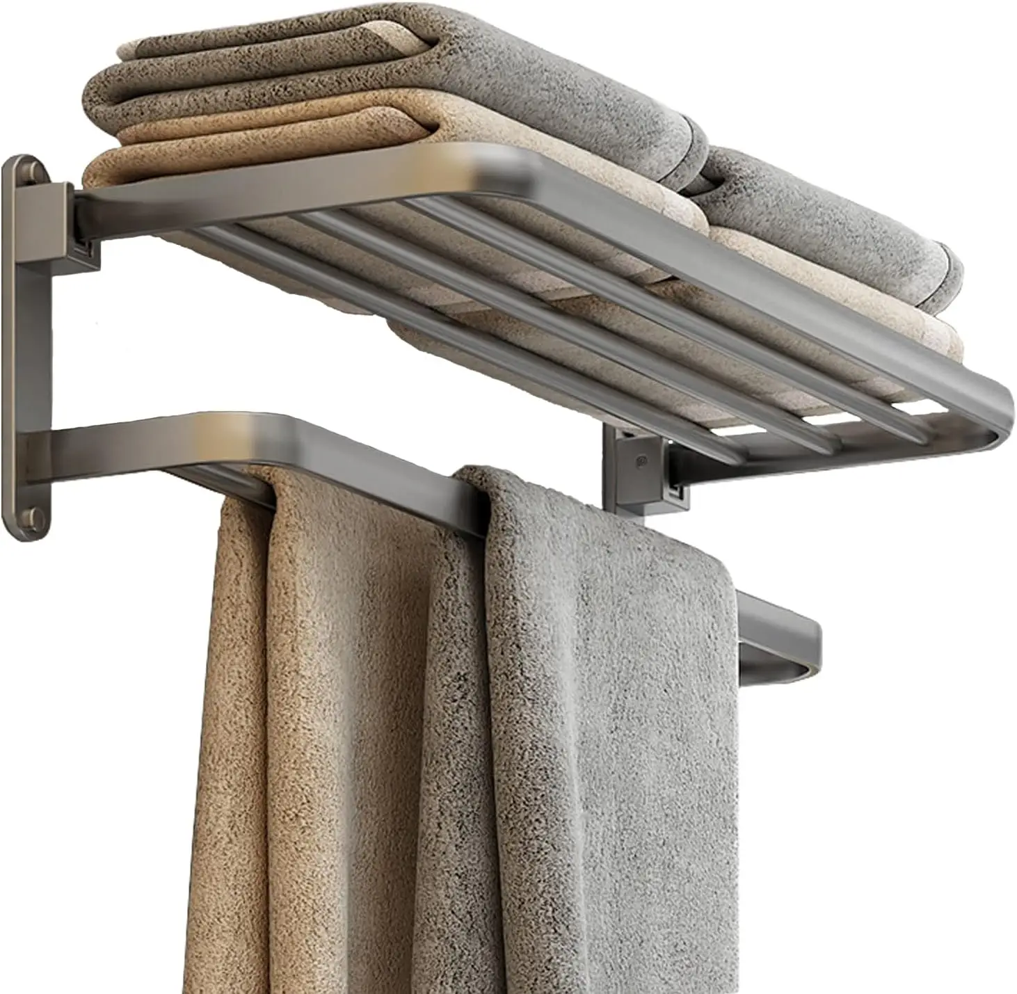 

Bathroom Towel Rack with Two Towel Bars, 24-Inch Towel Shelf, Folding Design for Space Saving, Modern Gray