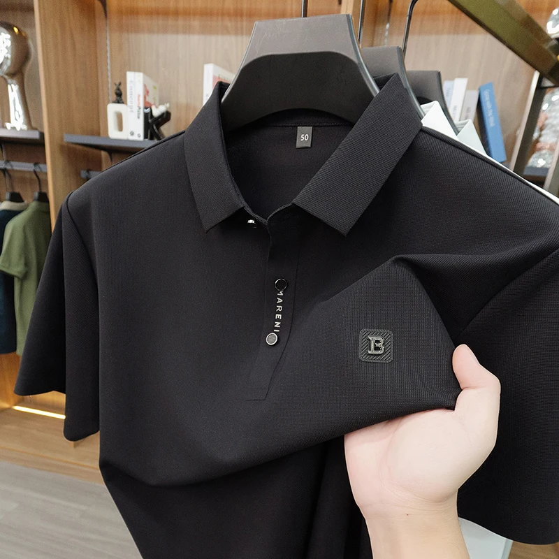 Fashion letter embossed short sleeve polo shirt high-end brand summer ice silk breathable T-shirt casual luxury new men's wear - Image 2
