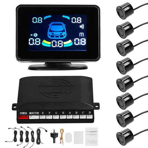 Sensor de aparcamiento para coche, sistema de radares de marcha atrás, soporte delantero y trasero, advertencia de sonido/zumbador con 8 sensores de estacionamiento, detección de distancia