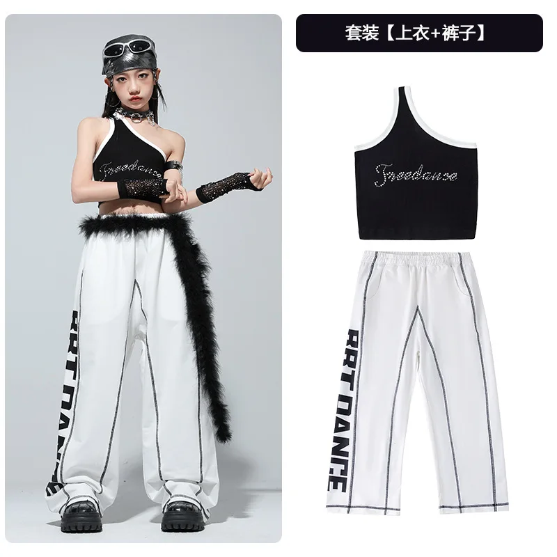 子供ストリートダンスジャズパフォーマンス衣装女の子ヒップホップ服ファッションキャットウォークステージ光沢のあるノースリーブクロップトップロングパンツスーツ
