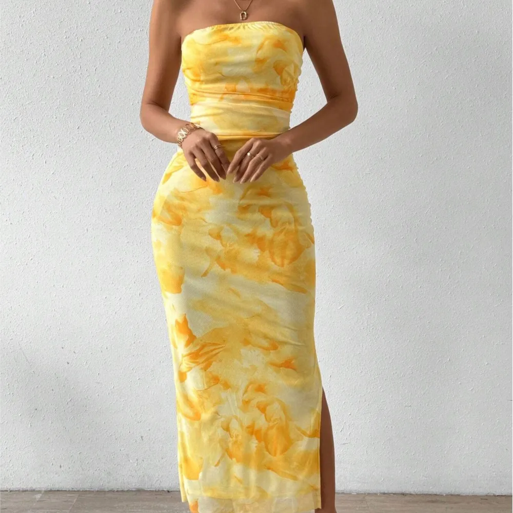 

Slim Elegant Long Dress Spring Summer Tie Dye Printed Mesh Slim Fit Pleated Side Slits Strapless High Waist Tube Top Party Dress