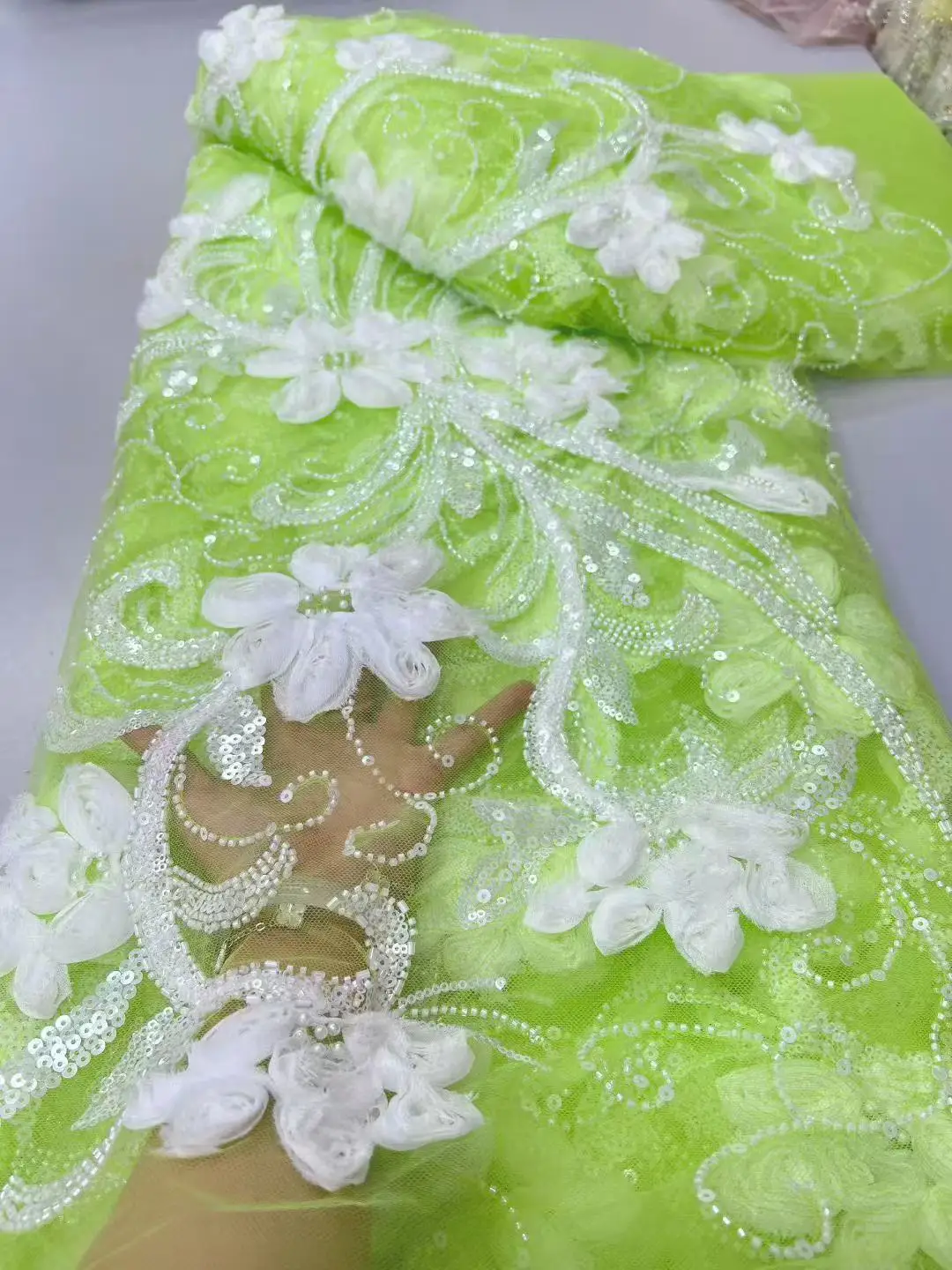 

Luxury 3D African Nigerian Groom Sequins Beads Lace Fabric High Quality French Tulle Lace Fabric For Bridal Dress Party Sewing