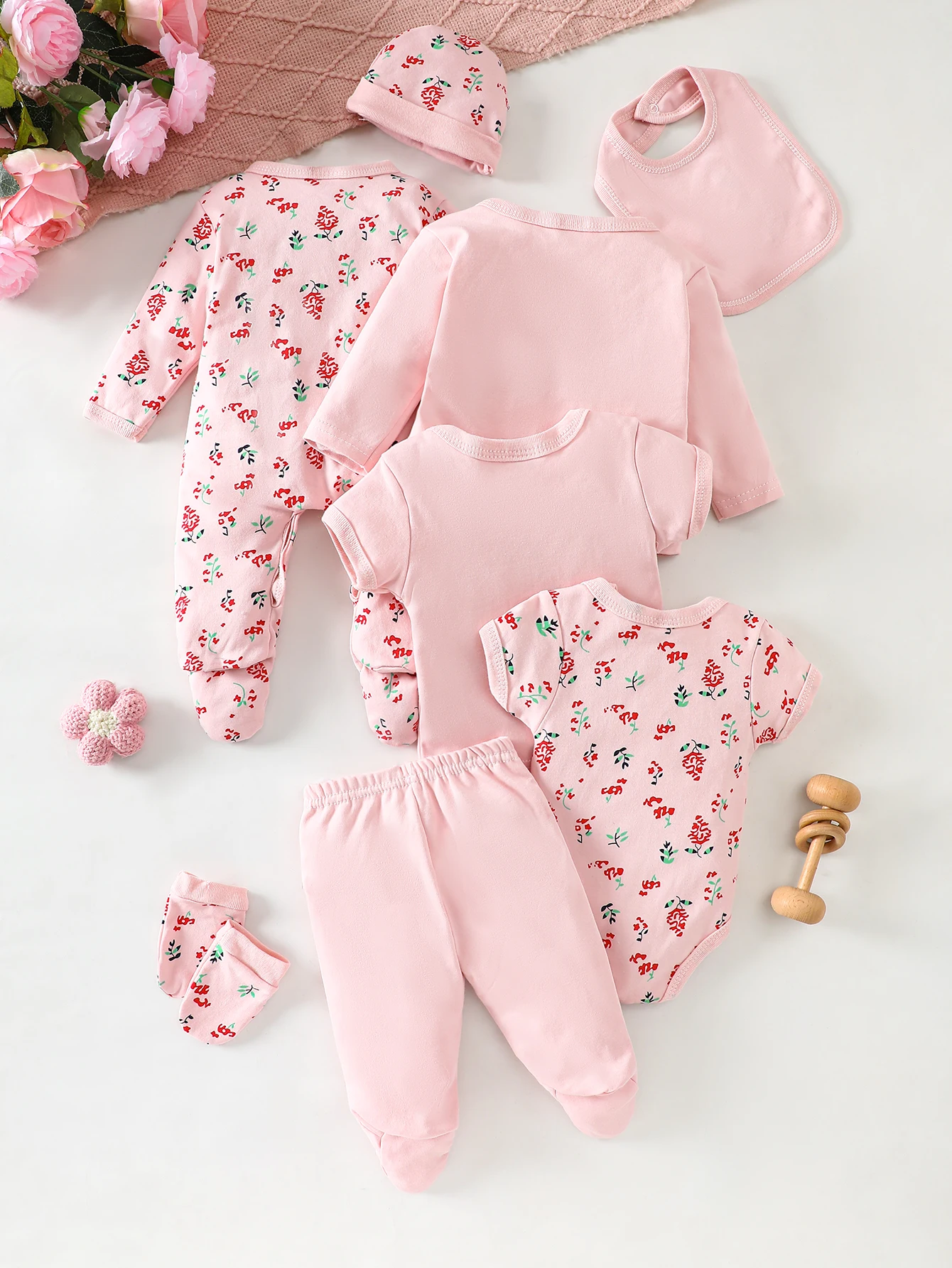 8-Piece Newborn Baby Romper Set 100% Cotton, Soft and Breathable Cute Pink Deer Pattern Suitable for Babies Aged 0-9 Months