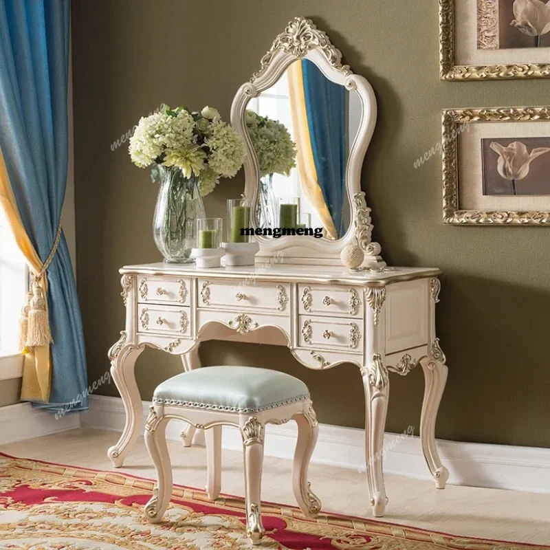Wooden Luxury Modern Vanity Table Mirror Chair Drawers White Makeup Vanity Desk Space Saving Coiffeuse De Chambre Furniture