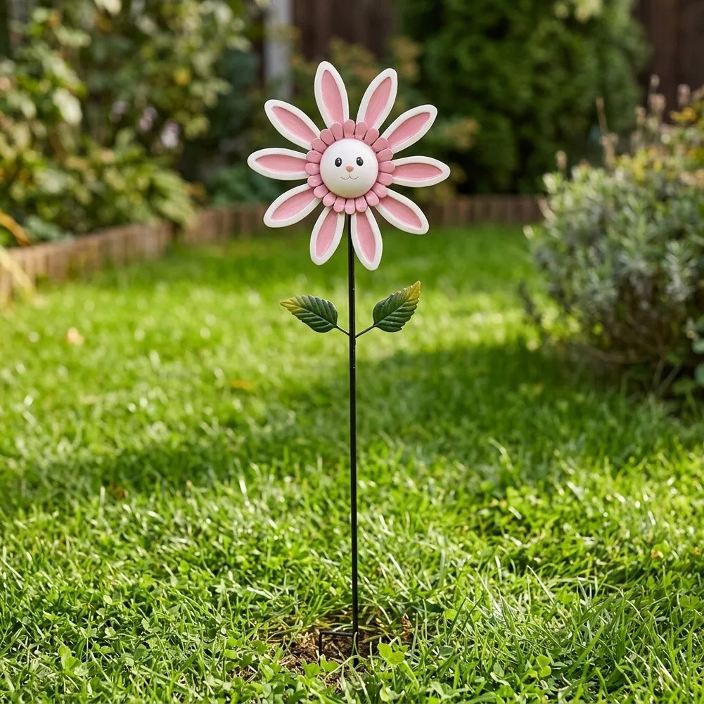 Outdoor Pink Bunny Flower Garden Stake Metal for Yard Lawn Path 110cm Height Wrought Iron Rust Resistant Design