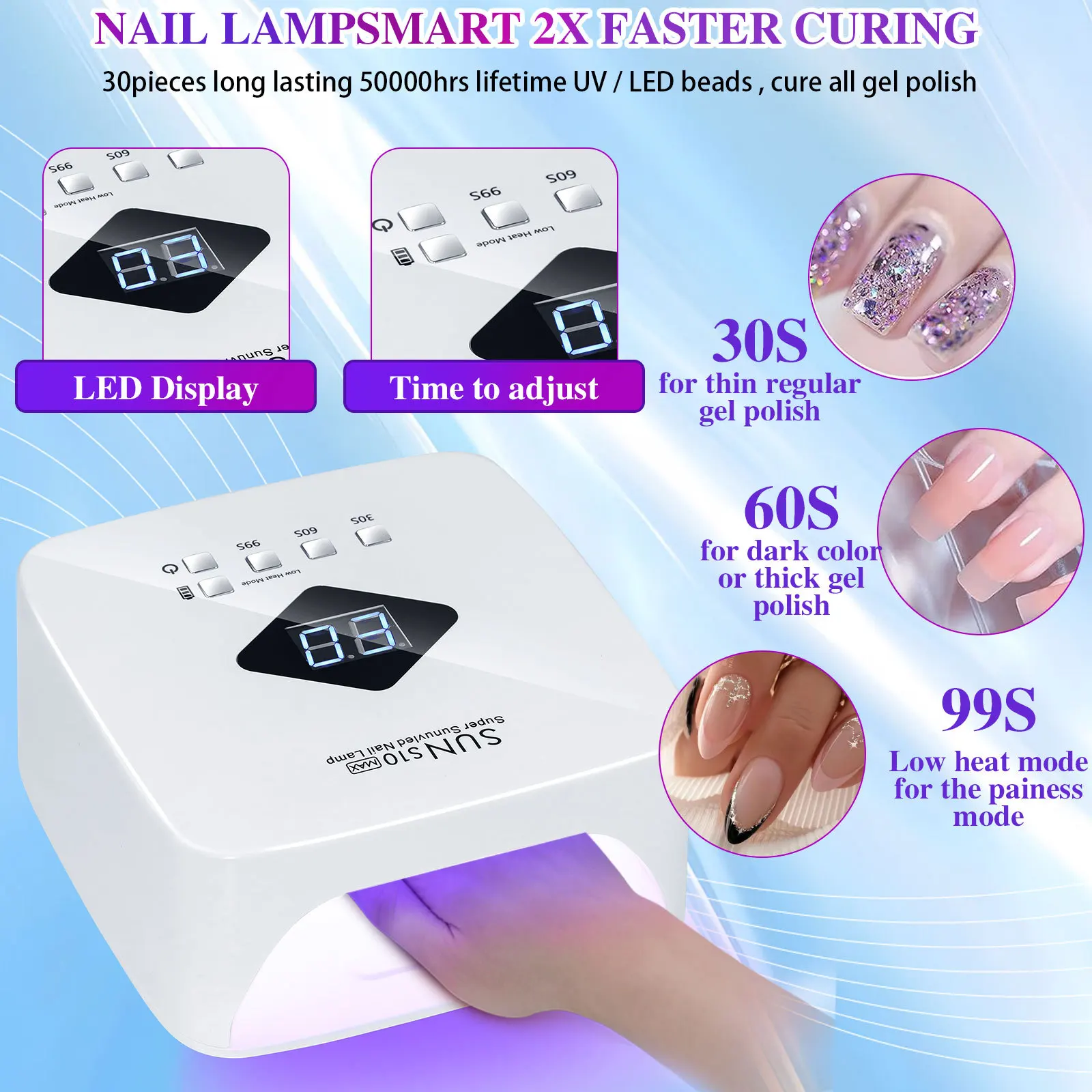 Rechargeable UV LED Nail Lamp 120W Cordless 30 LEDs with 3 Timer Settings Professional Gel Curing Light for Salon
