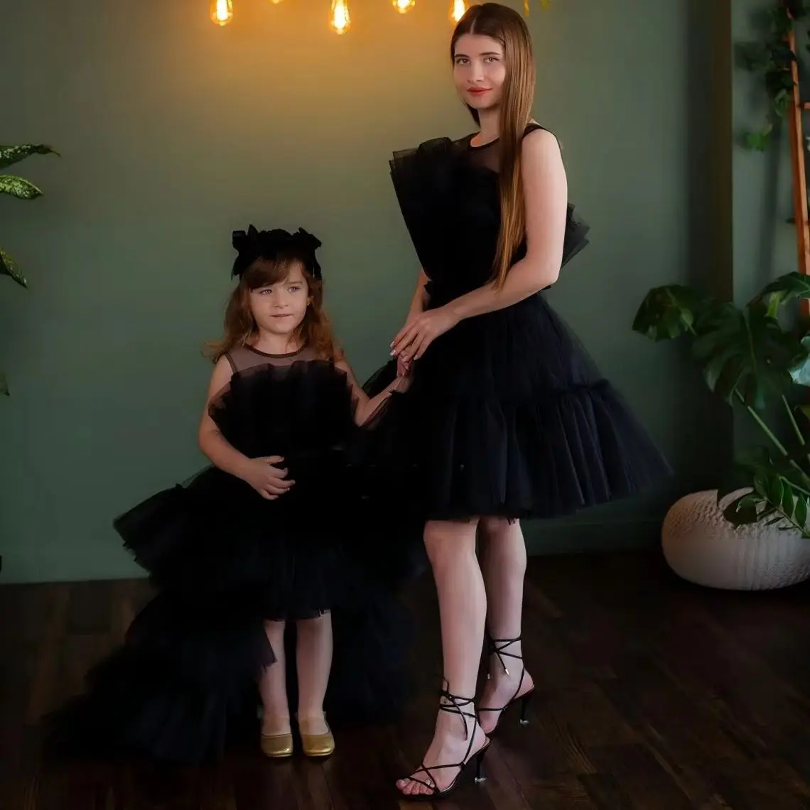 Haute Couture Black Tutu Mother Daughter Birthday Dresses Mommy and Me Photoshoot Gown Tulle Wedding Guest Dress Free Ship