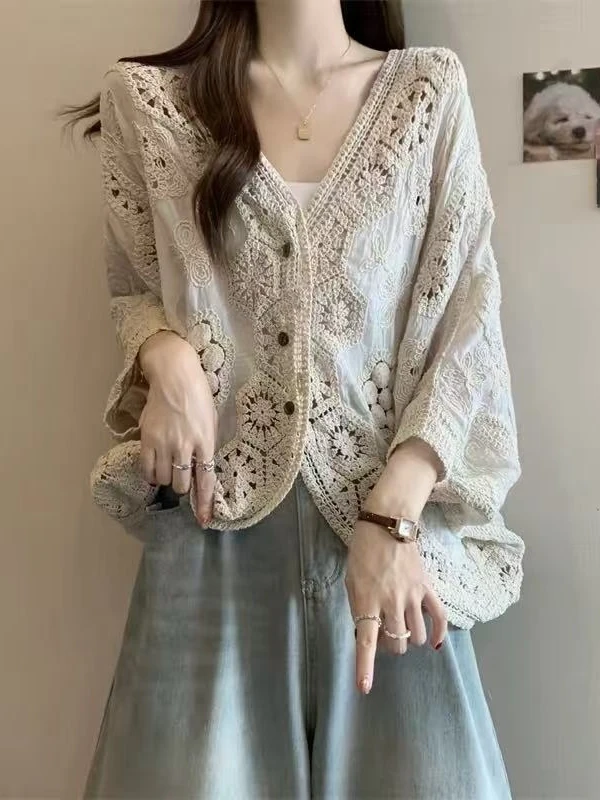 

Summer New Hook Flower Hollow V-neck Loose Sun Protection Casual Open Cardigan Shirt Women's Fashion Polyester Fiber Thin Model