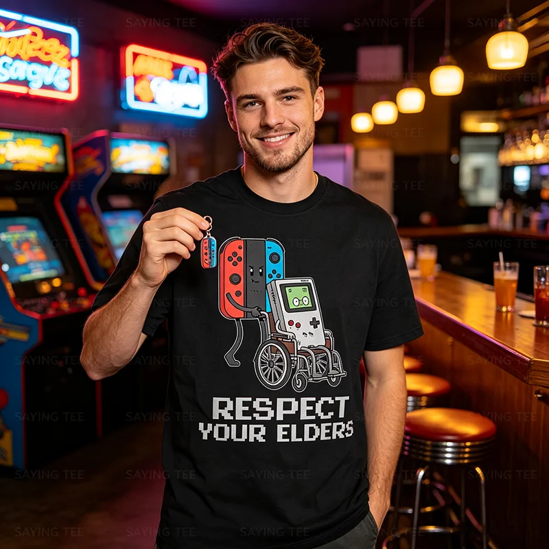 Lustiges Video-Gaming-T-Shirt für Männer, klassisches Gamer-T-Shirt, Respektiere deine Älteren, Gaming-T-Shirt, Y2k, weiches, bequemes Baumwoll-T-Shirt mit Spruch, Neuheit-Top – Detail 5