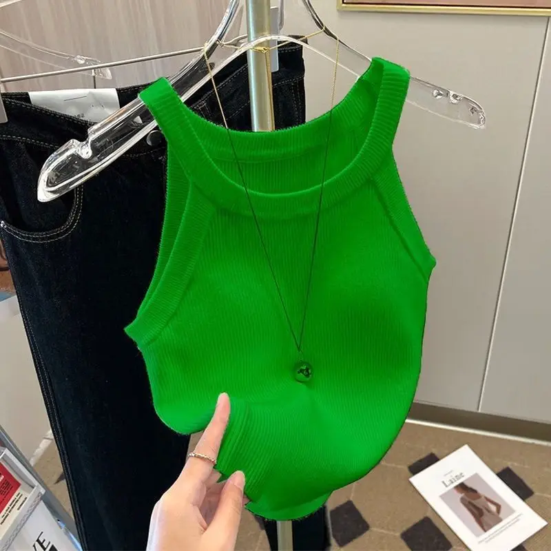 Y2k Knitted U-Neck Suspender Vest Women's Ice Silk Inner Wear Spicy Girl Camis Halter Retro Sleeveless Tank Crop Top image 4