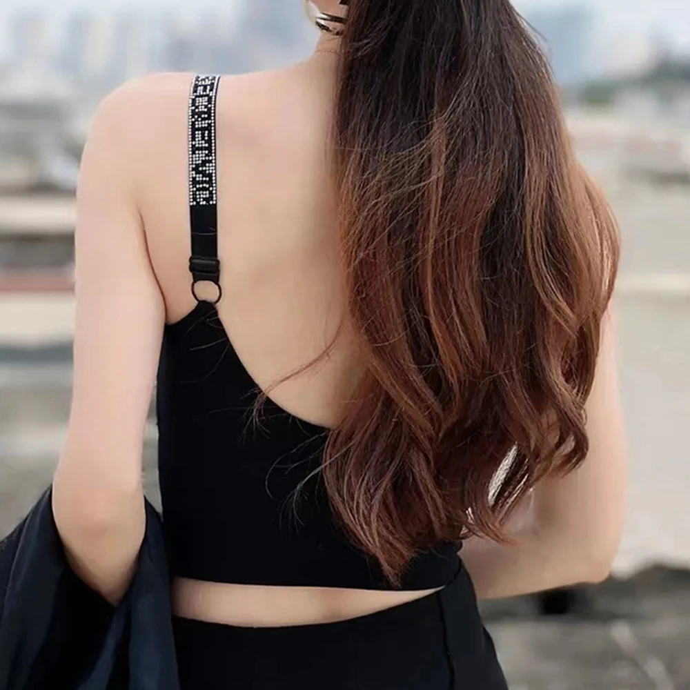 Women's Backless Sleeveless Camisole Top with Rhinestone-Inspired Letter Embellishment Lightweight Vest for Styling