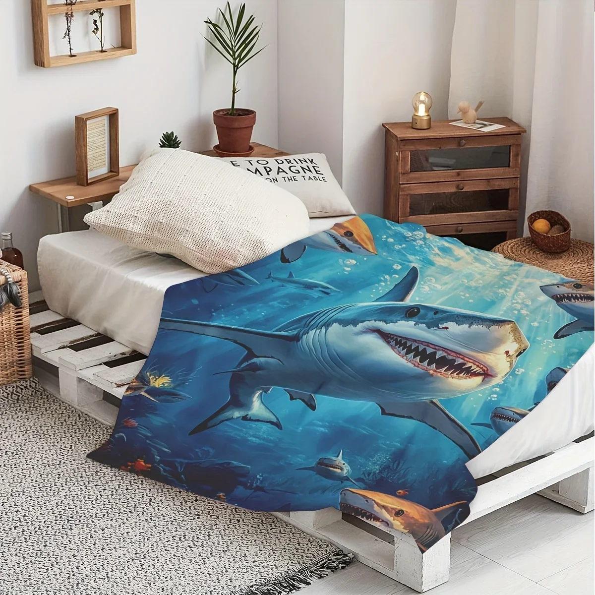 1pc Vibrant Shark Ocean Scene Flannel Blanket - Soft, Multifunctional Polyester Throw for Home Decor, Beach & Outdoor Adventures