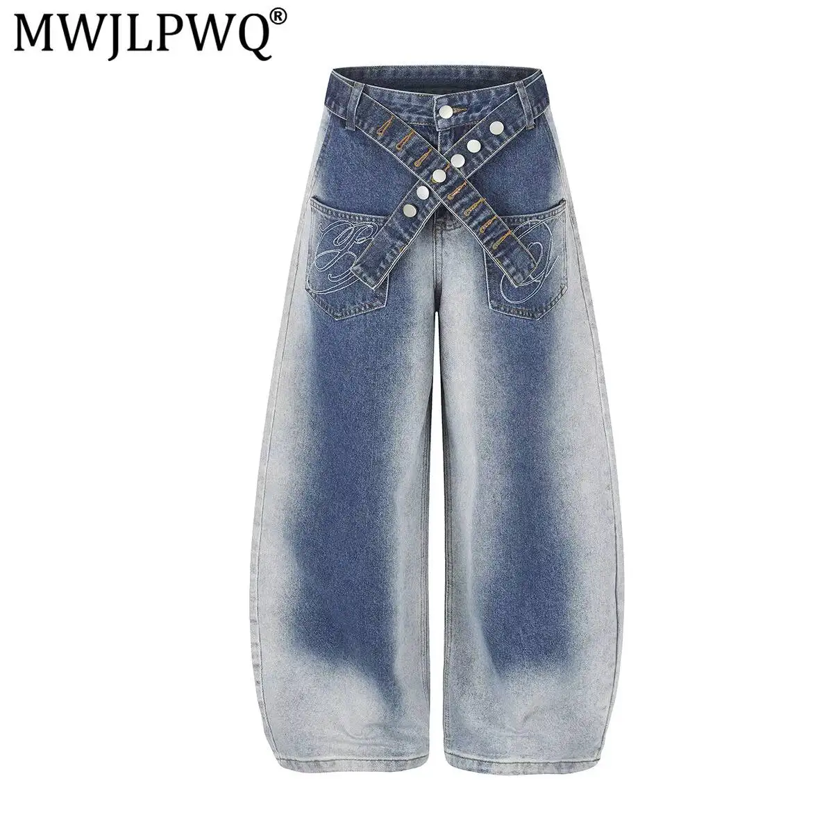 MWJLPWQ American Style Heavy Washed Jeans Men's Unique Emboridery Button Strap Design Loose Wide-Leg Trousers 2026 New 20268