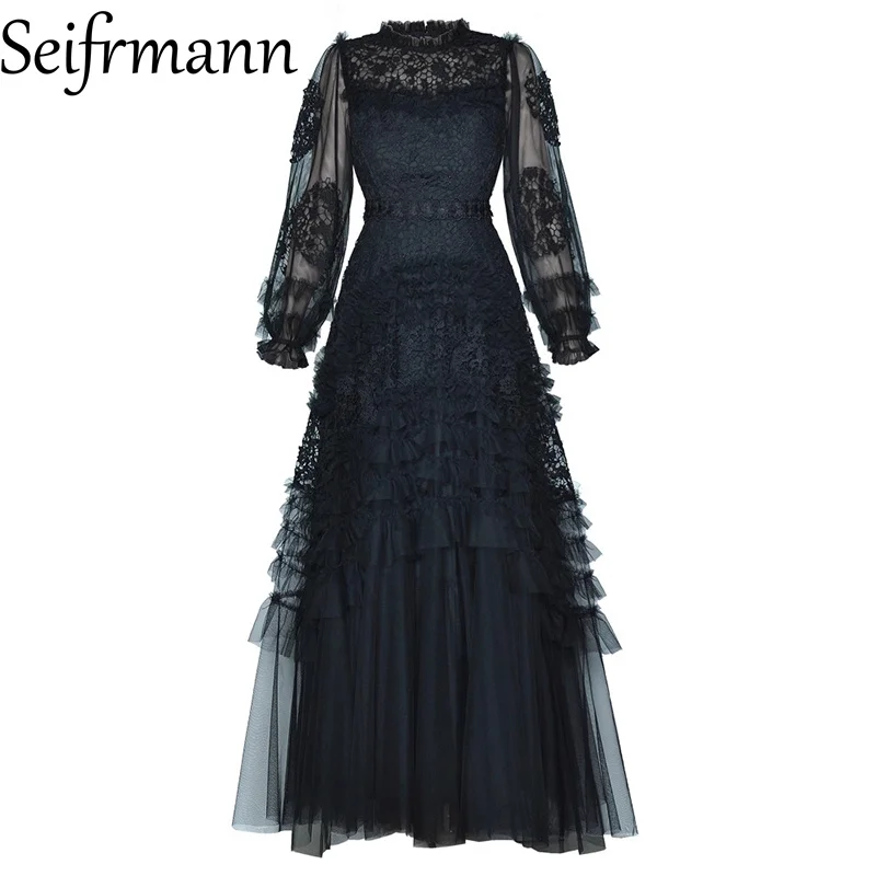 Seifrmann 2026 Spring Women's New Fashion Round Neck Lantern Long Sleeve Splicing Mesh Water soluble Flower Waist Dress