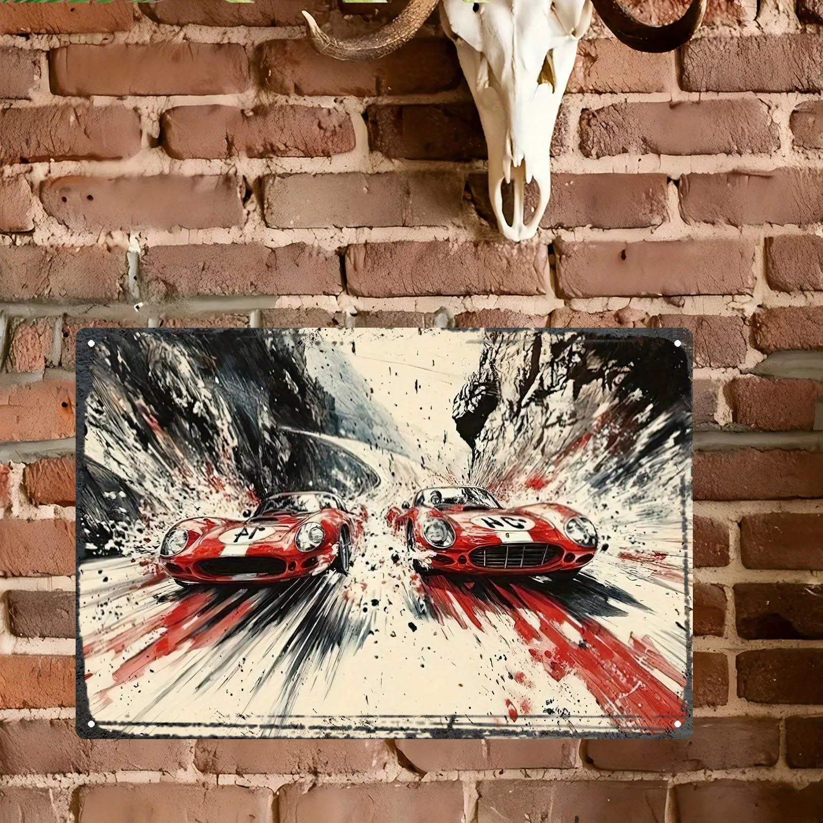 Vintage-Inspired Red Car Racing Art Deco Metal Wall Art - Frameless Iron Poster with Dynamic Ink Painting,  Retro Decor for Ho