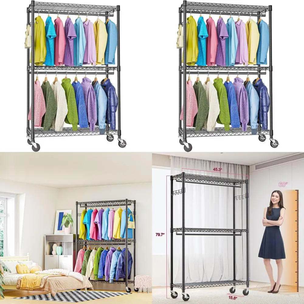 Adjustable 3-Tier Rolling Clothes Rack with 2 Rods, Side Hooks, and Wheels - Black