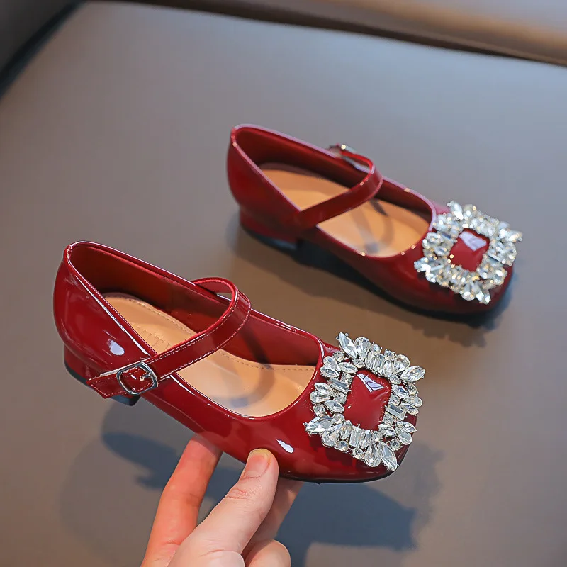 Kids Shoes Spring Fashion Princess Dress Shoes Baby Girls Flats Patent Brand Mary Jane Rhinestone Middle Heel Red Soft Sole