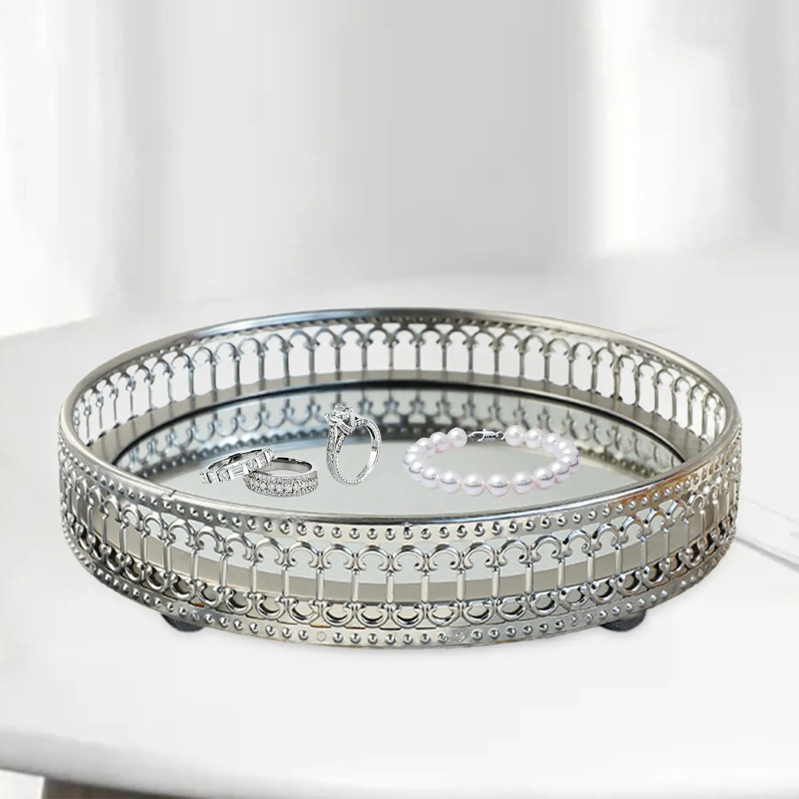 Decorative Mirror Tray Silver Color Vanity Tray Metal Display Stand for Bathroom Perfume Organizer Table Accessories