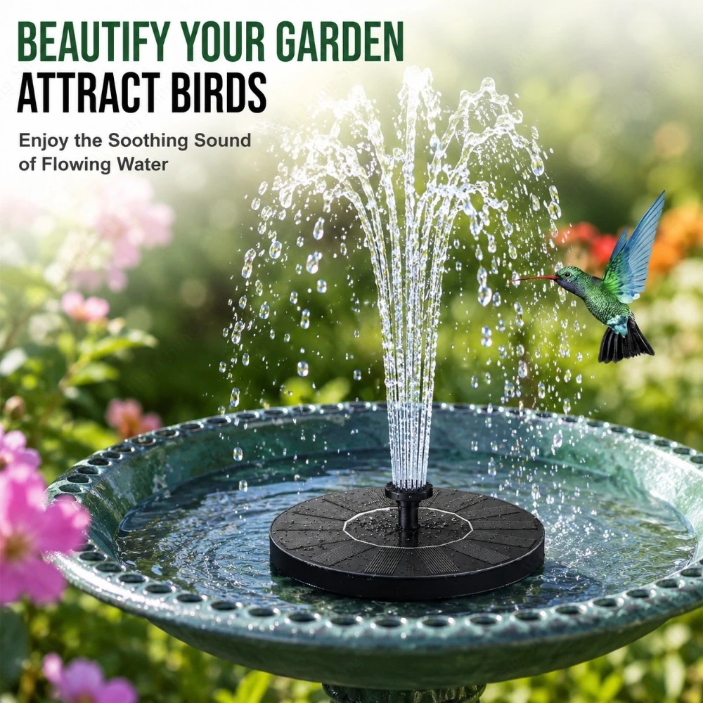 Fuente Solar para Jardín con 6 Boquillas, Decorativa para Exteriores, Circulación de Agua para Estanques y Baños de Pájaros