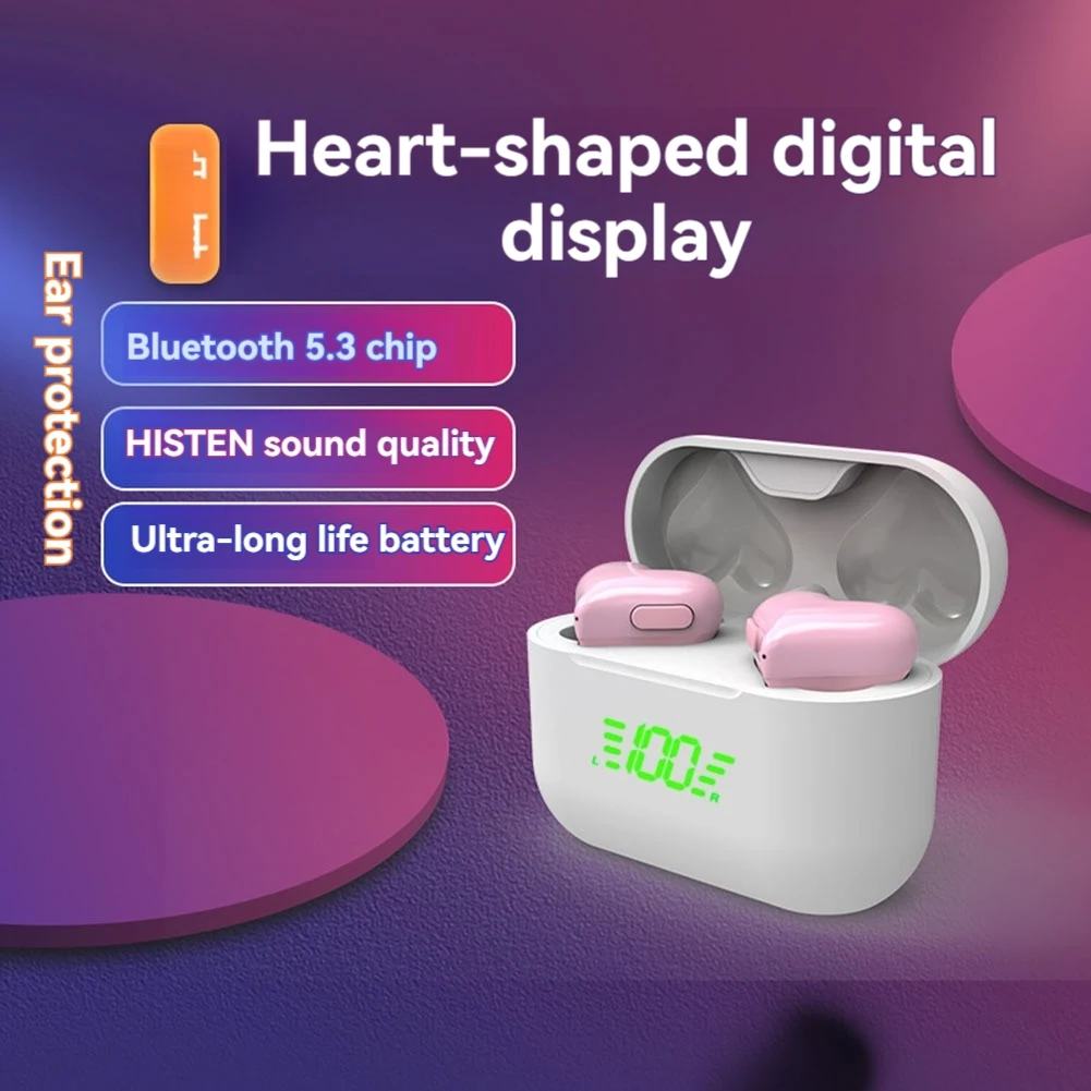 Наушники-вкладыши с цифровым дисплеем в форме сердца, Bluetooth 5,3, басовые стереонаушники, водонепроницаемые милые наушники-вкладыши
