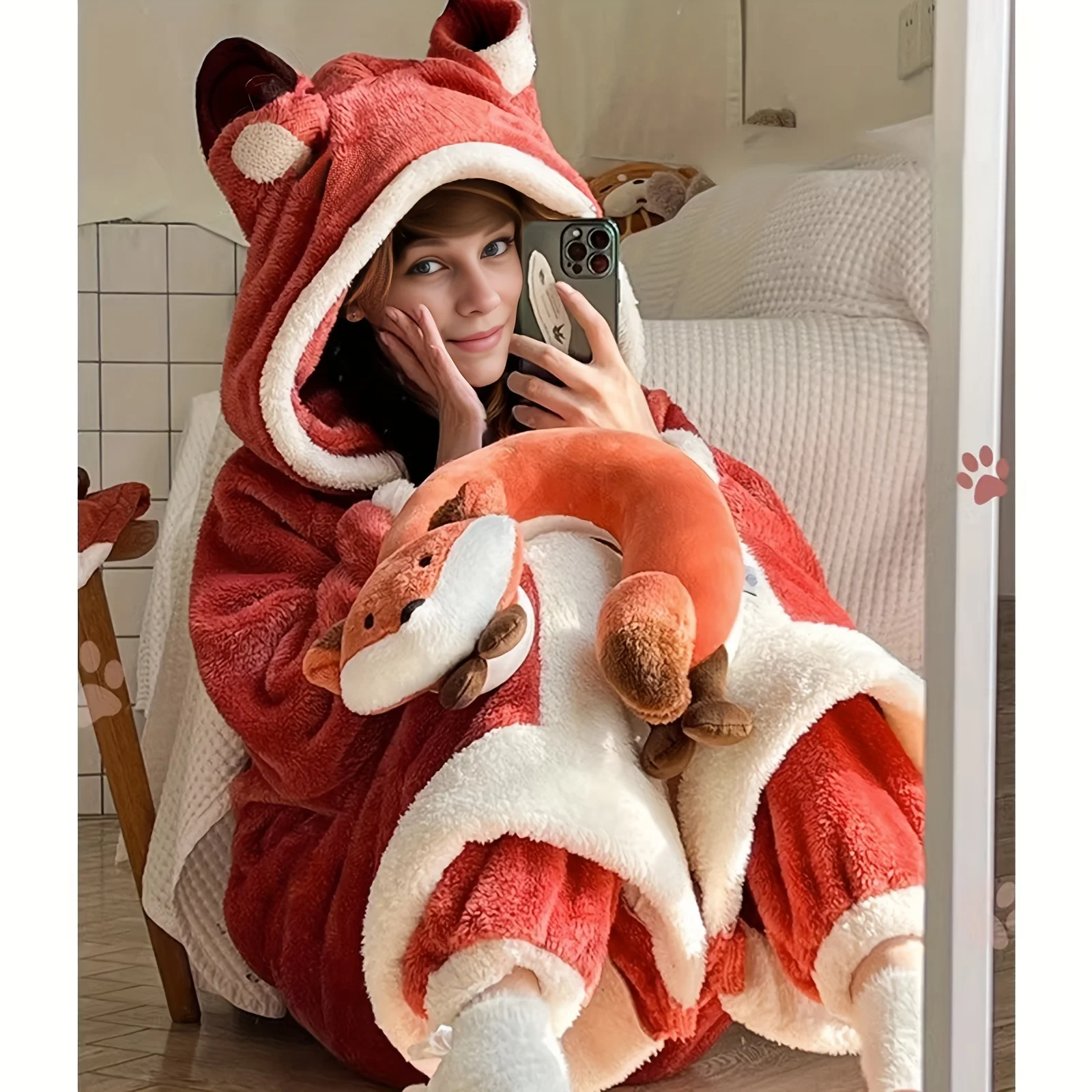 Fox Women's Onesies Plush Fleece Nightgown For Kigurumi Unicron Girl Winter Warm Casual Hooded Nightdress Homewear Cute