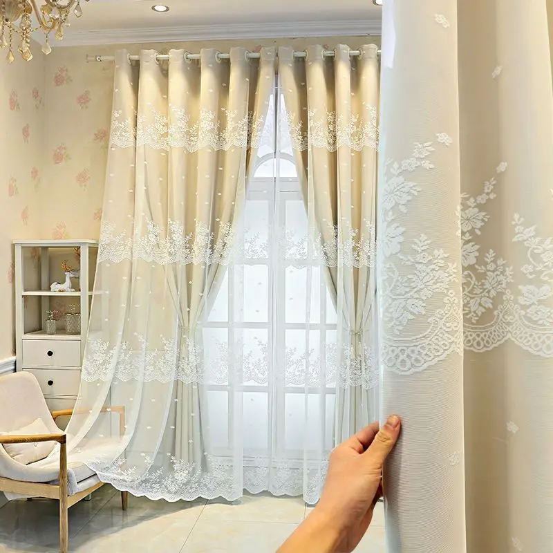 Elegant Beige Double Layer Curtain with Lace Sheer, All-in-One Blackout Fabric & Tulle for Living Room & Bedroom