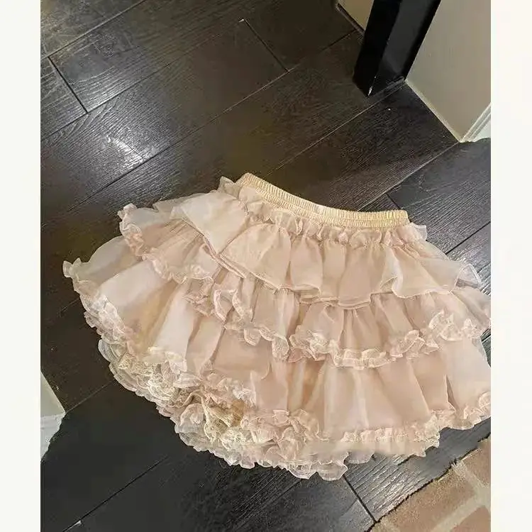 

Lace Mesh Retro French Sweet Skirt Women Summer New Cute Princess Skirt Female Bow Solid Gauze High Weight Y2k Mini Skirt