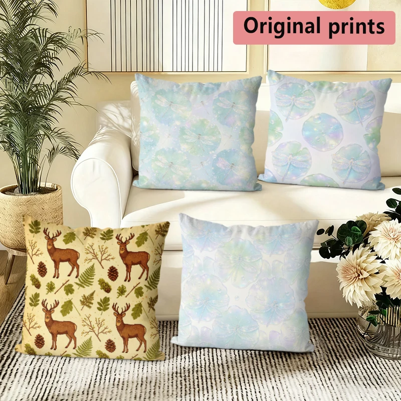 Deer & Dragonfly Pattern Cushion Cover Suitable for Sofa Bedroom Car Pillow Cover