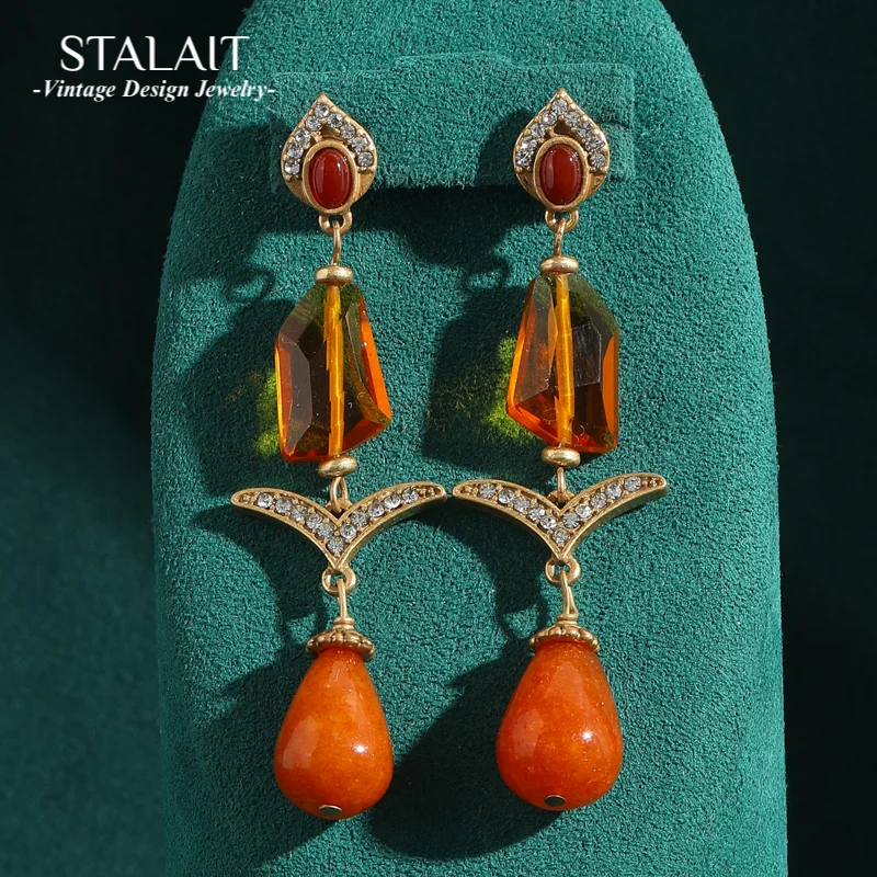 

Orange Vintage Earrings For Womanluxury Quality Jewelry Antique Yellow Crystal Water Drop Leaves Statement Accessories 2025