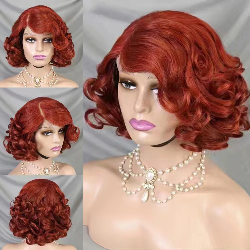 

Red Brown Bouncy Curly Human Hair Wigs HD Lace Front Loose Wave Wig Short Brazilian Remy Body Wave Hair Wigs for Women 14 Inche