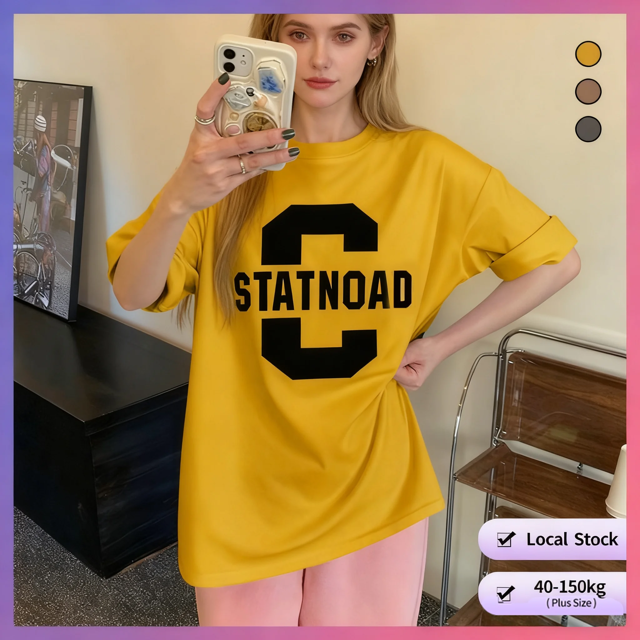 

【Футболка больших размеров】 (150 кг Could Wear) Женская футболка с короткими рукавами и длинным вырезом с принтом больших размеров, свободные топы большого размера с круглым вырезом