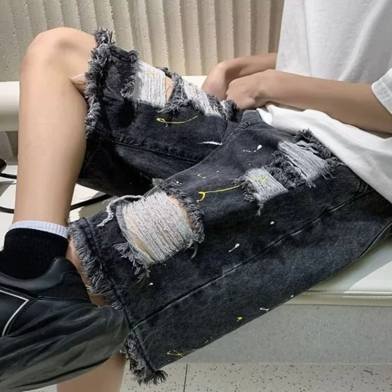 

Baggy Ripped Big Size Loose Men's Short Jeans Pants Wide Half Male Denim Shorts Oversize with Pockets Long Bermuda Emo Designer