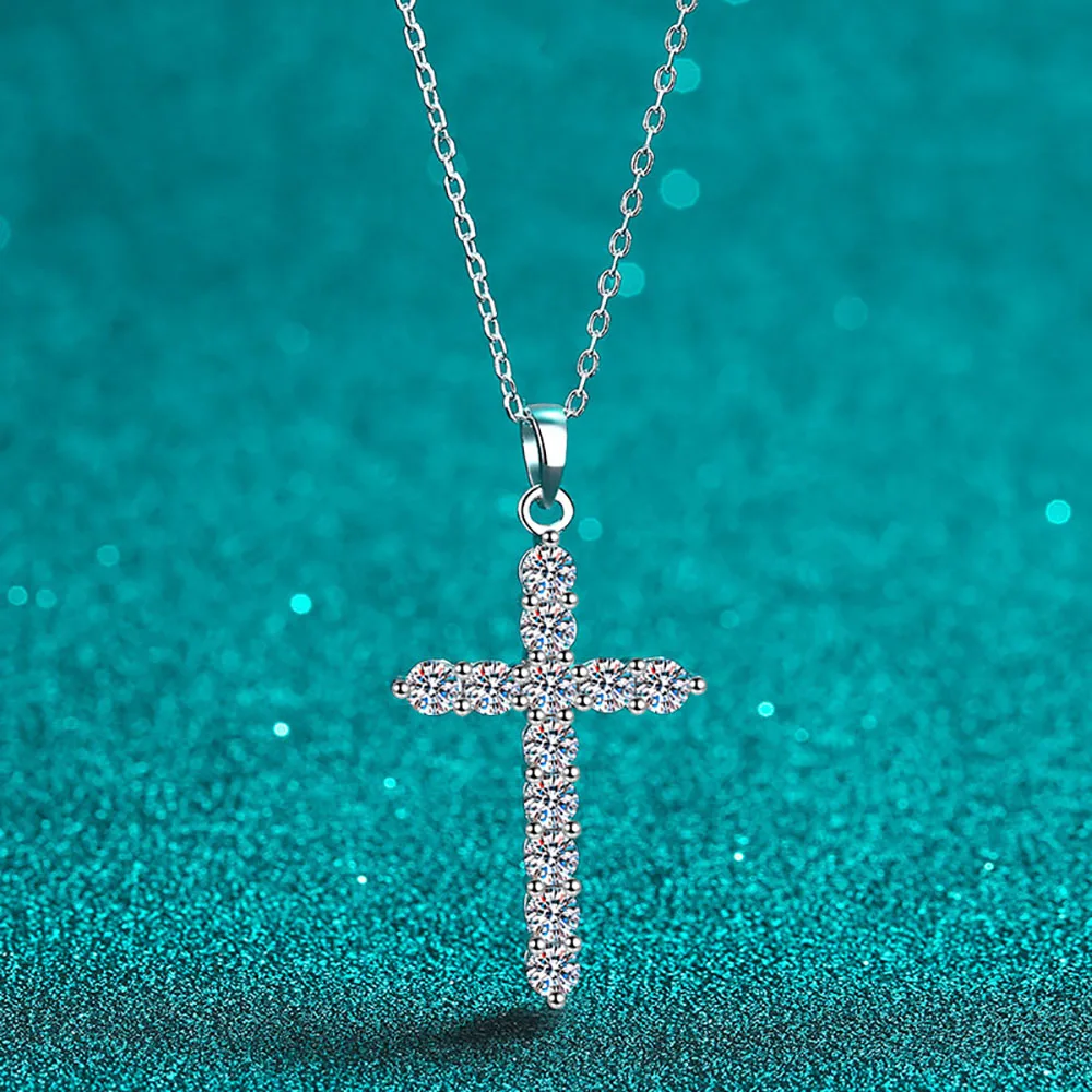 D Color 2mm 2.5mm 3mm 4mm Moissanite Cross Necklace S925 Silver Plated Pt950 Clavicle Chain Jesus Pendant Jewelry For Wholesale