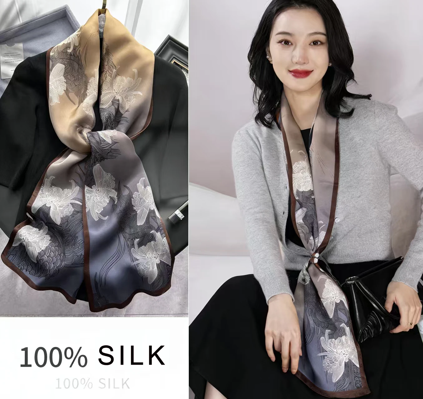 

BYSIFA| Grey Khaki100% Mulberry Silk Scarf for Hair Women New Floral Design Long Neck Scarves Headscarves Spring Fall Silk Hijab
