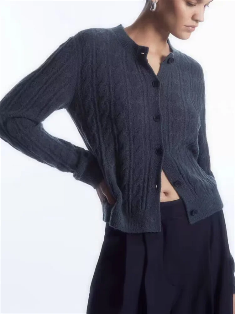 Wool Blends Women Sweater 2 Colors Twisted Round Neck Jumper Spring 2024 Female Single Breasted Knit Cardigan